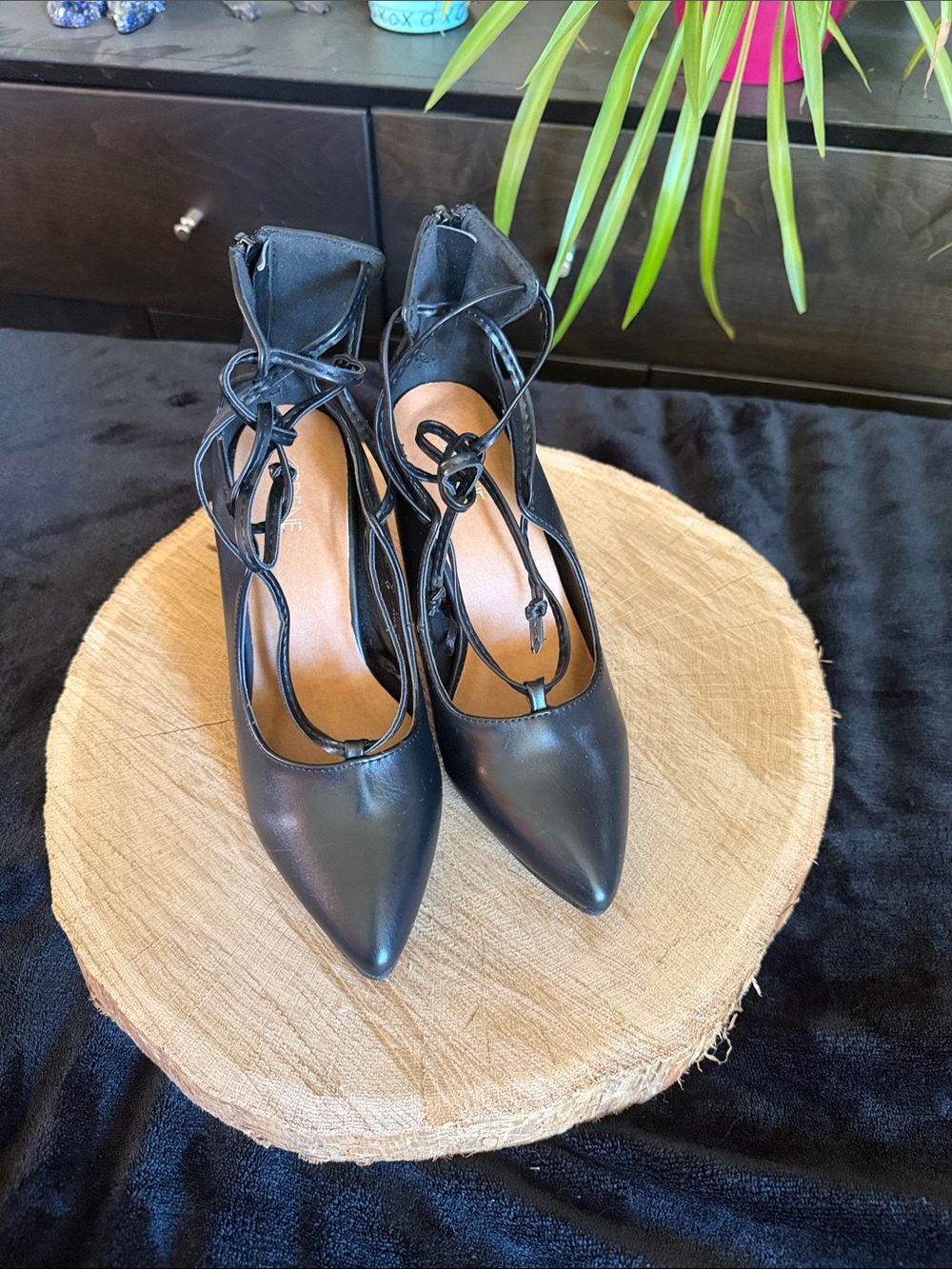Black Pointed Lace-Up Heels
